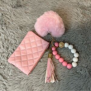 Pink Coin Wallet with Pom Pom and Beaded Keychain